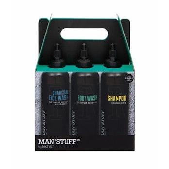Man Stuff The Trio lahjapakkaus - hiilikasvopesu, vartalopesu ja shampoo